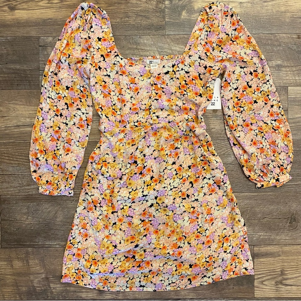 Billabong Heartland Floral Sweetheart Button Down Long Sleeve Mini Dress
